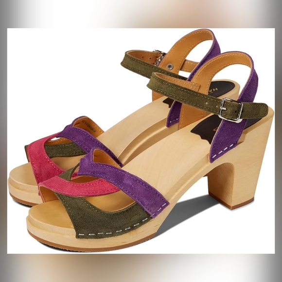 SWEDISH HASBEENS 50's Sandal Wood Clog Suede Ankle Strap Block Heel Size 9 - Picture 1 of 12